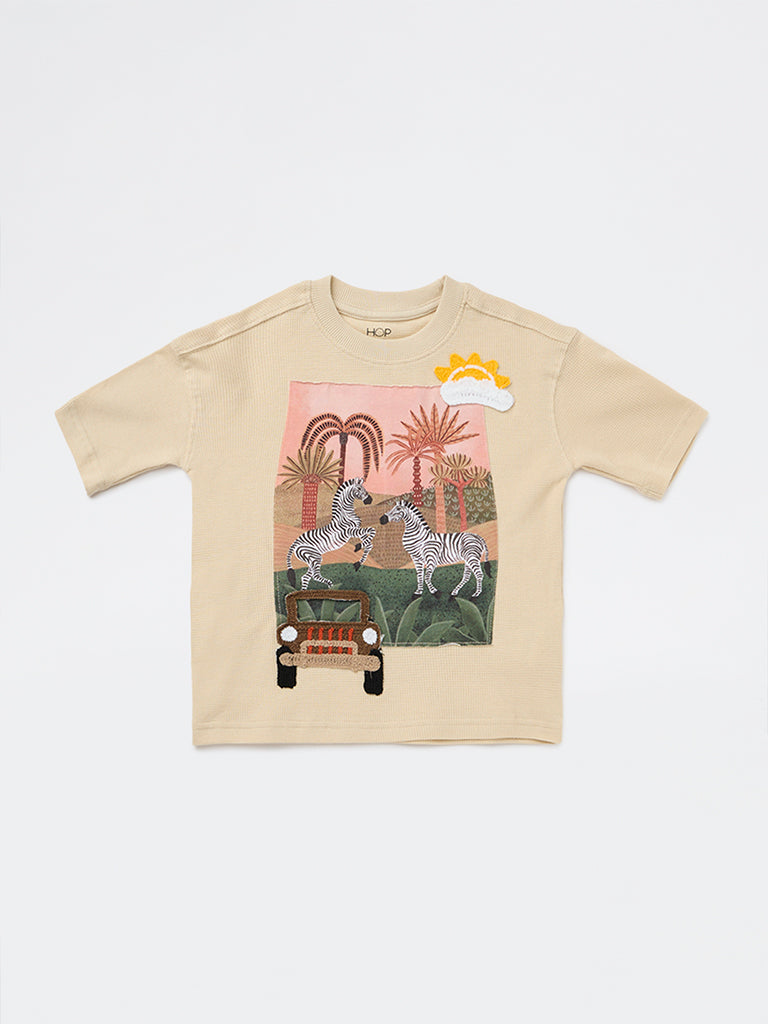 HOP Kids Boys Beige Graphic Printed Cotton T-Shirt