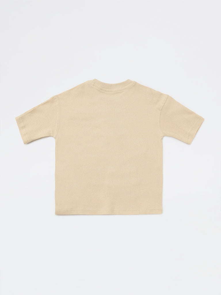 HOP Kids Boys Beige Graphic Printed Cotton T-Shirt