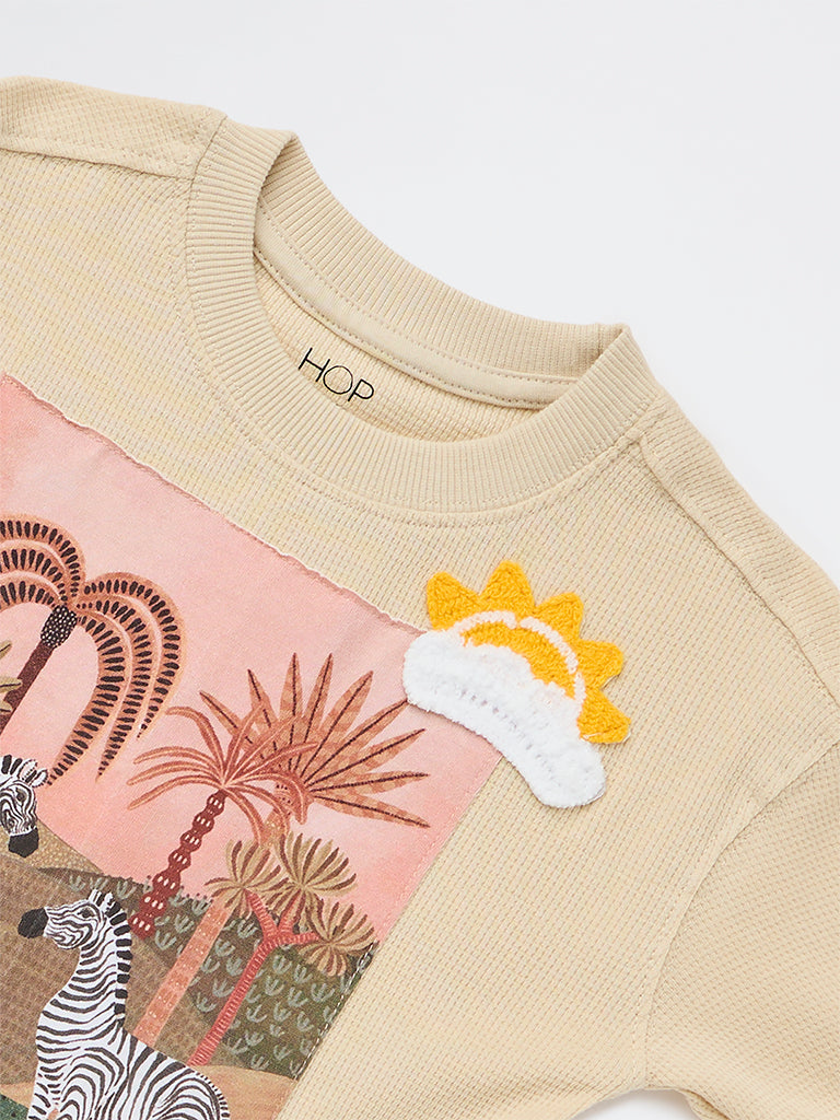 HOP Kids Boys Beige Graphic Printed Cotton T-Shirt
