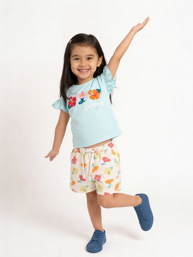 HOP Kids Girls Mint Green Embroidered Cotton Top and Shorts Set