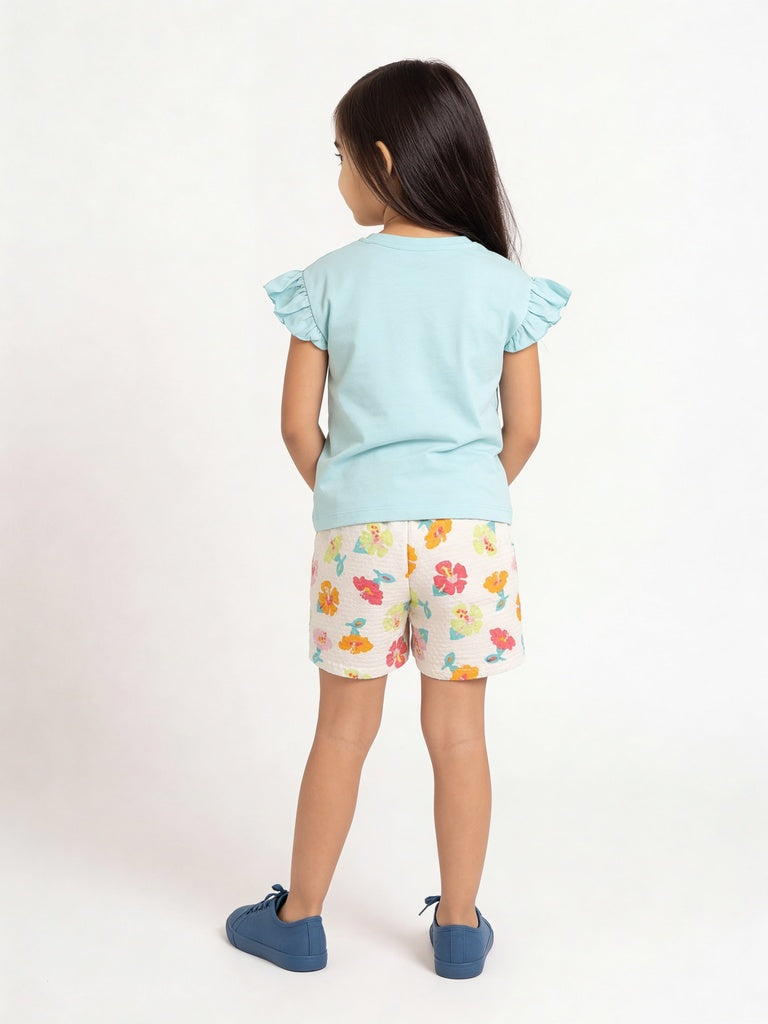 HOP Kids Girls Mint Green Embroidered Cotton Top and Shorts Set