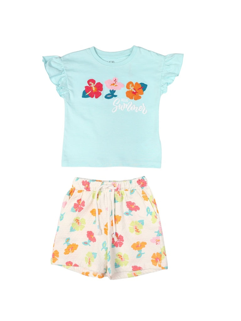 HOP Kids Girls Mint Green Embroidered Cotton Top and Shorts Set