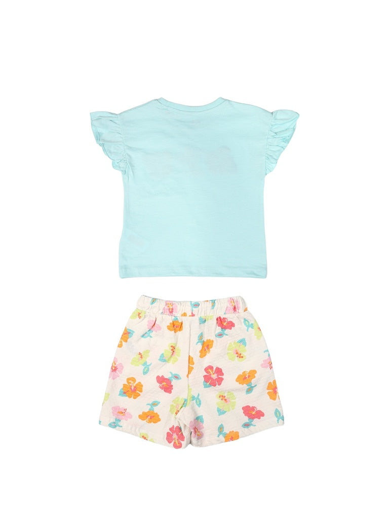 HOP Kids Girls Mint Green Embroidered Cotton Top and Shorts Set