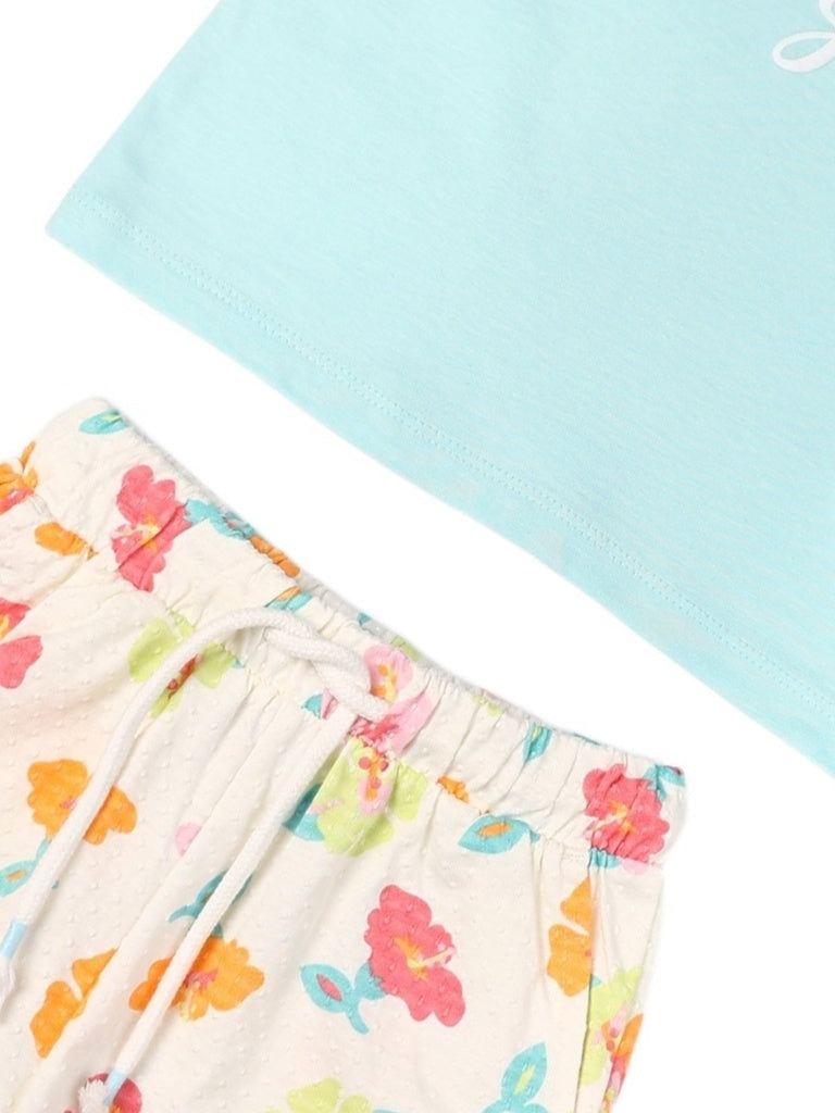 HOP Kids Girls Mint Green Embroidered Cotton Top and Shorts Set