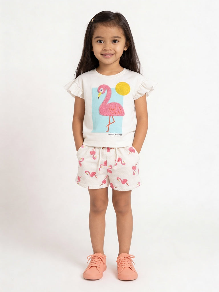 HOP Kids Girls Off-White Printed Cotton Top and Shorts Set