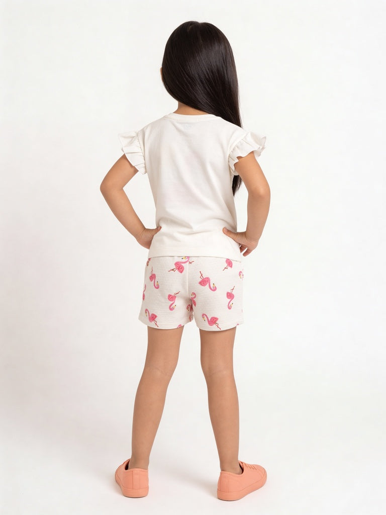HOP Kids Girls Off-White Printed Cotton Top and Shorts Set