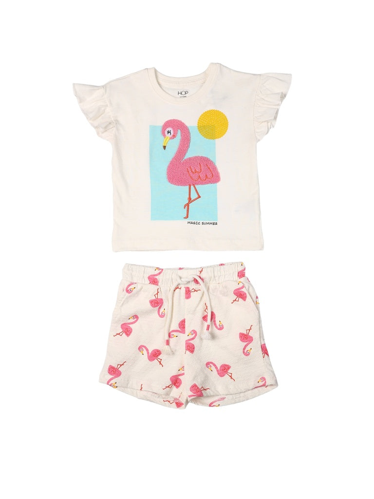HOP Kids Girls Off-White Printed Cotton Top and Shorts Set