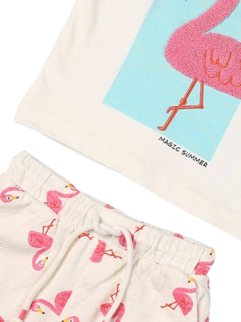 HOP Kids Girls Off-White Printed Cotton Top and Shorts Set