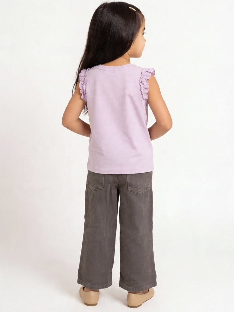 HOP Kids Girls Taupe Floral Applique Wide Leg Jeans