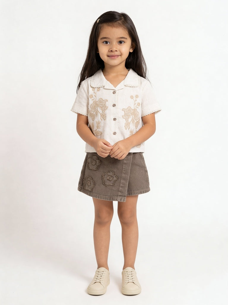 HOP Kids Girls Taupe Embroidered Regular Fit Cotton Skort