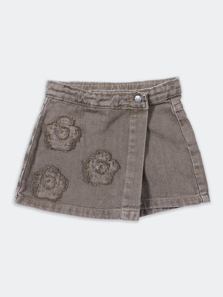 HOP Kids Girls Taupe Embroidered Regular Fit Cotton Skort