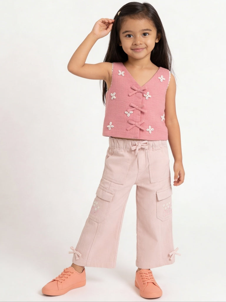 HOP Kids Girls Dusty Pink Embroidered High-Rise Cotton Trousers
