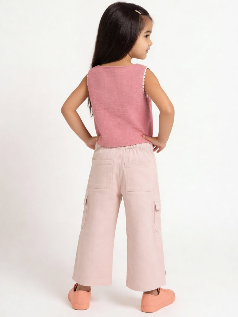 HOP Kids Girls Dusty Pink Embroidered High-Rise Cotton Trousers