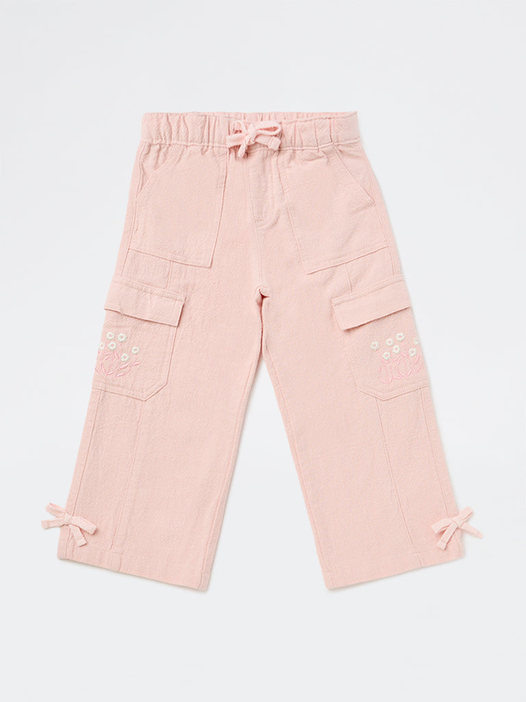 HOP Kids Girls Dusty Pink Embroidered High-Rise Cotton Trousers