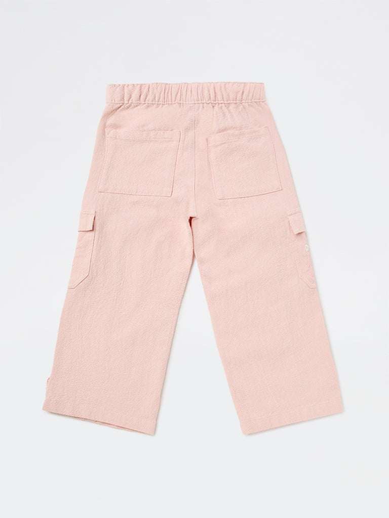 HOP Kids Girls Dusty Pink Embroidered High-Rise Cotton Trousers