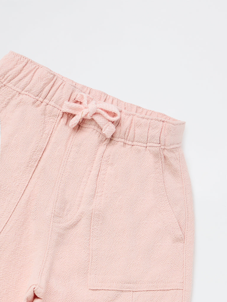 HOP Kids Girls Dusty Pink Embroidered High-Rise Cotton Trousers