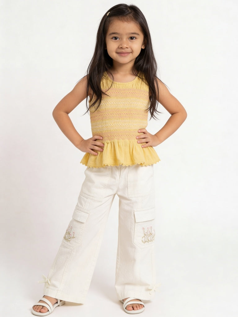 HOP Kids Girls Off-White Embroidered High-Rise Cotton Trousers