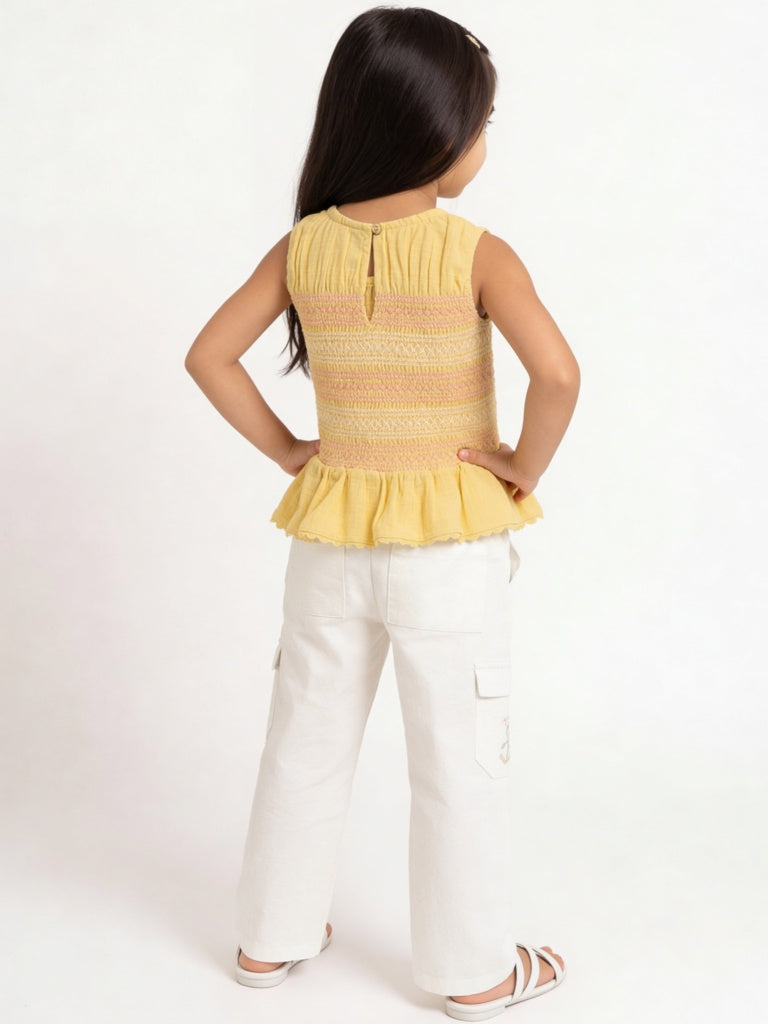 HOP Kids Girls Off-White Embroidered High-Rise Cotton Trousers