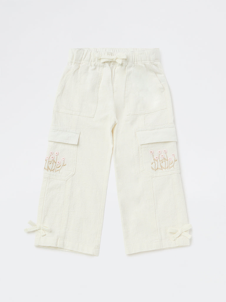 HOP Kids Girls Off-White Embroidered High-Rise Cotton Trousers