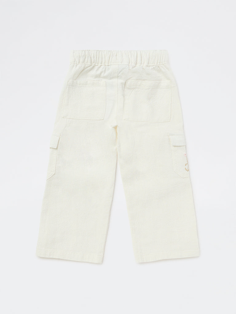 HOP Kids Girls Off-White Embroidered High-Rise Cotton Trousers