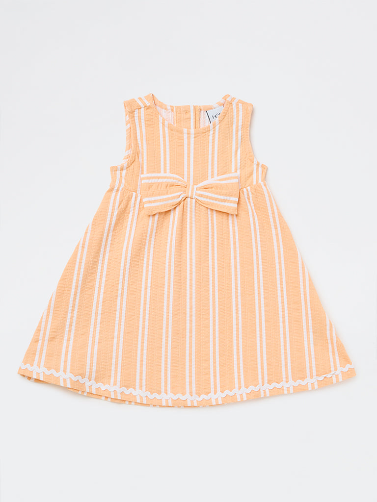 HOP Kids Girls Peach Striped Cotton-Blend A-Line Dress