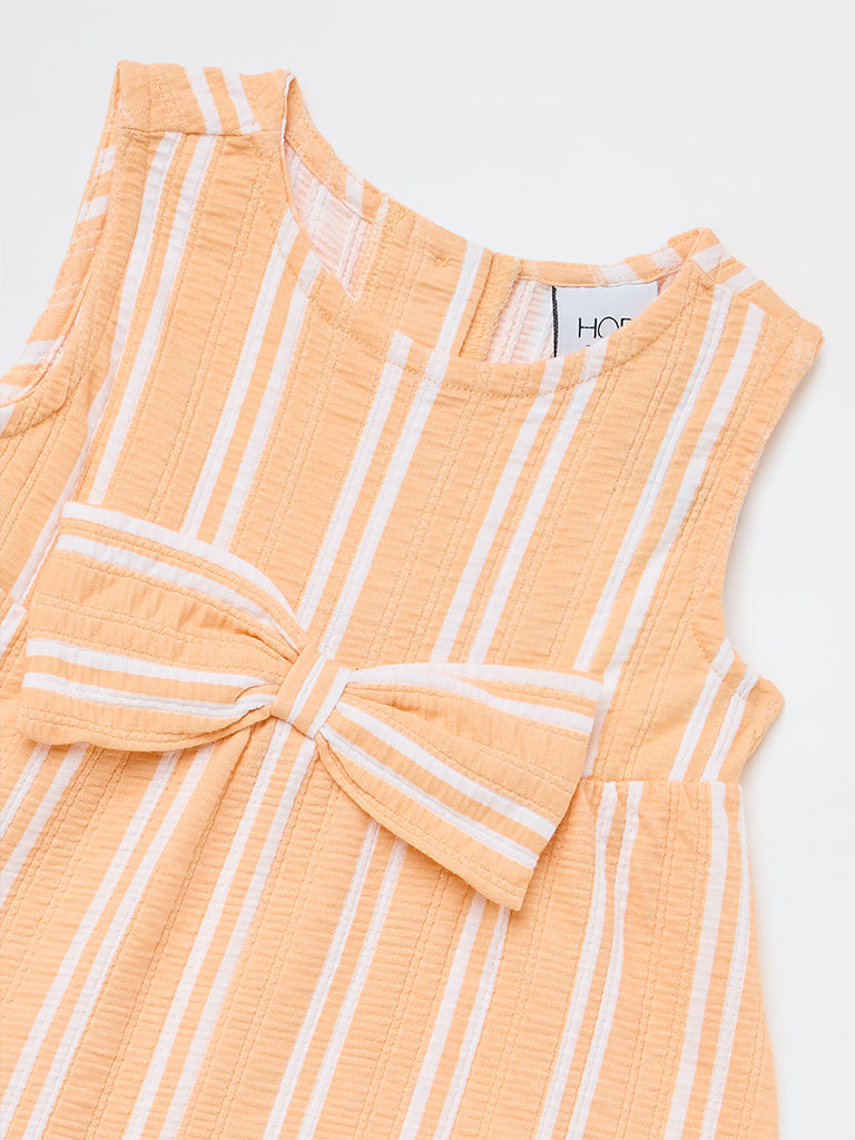 HOP Kids Girls Peach Striped Cotton-Blend A-Line Dress