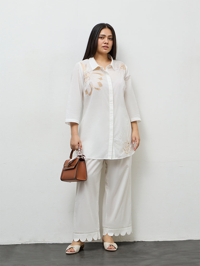 Diza Off-White Scallop-Detailed Cotton Pants