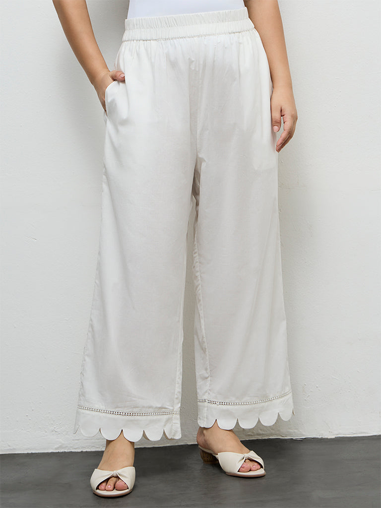 Diza Off-White Scallop-Detailed Cotton Pants