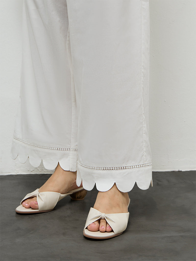 Diza Off-White Scallop-Detailed Cotton Pants