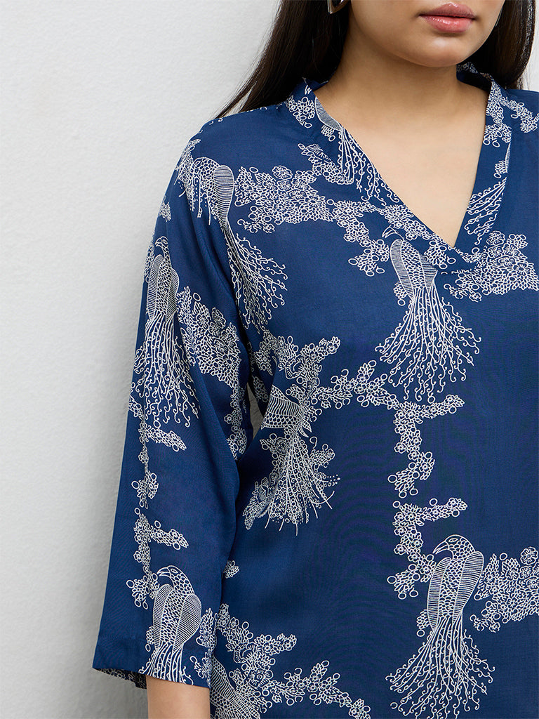 Diza Blue Bird Printed A-Line Kurta