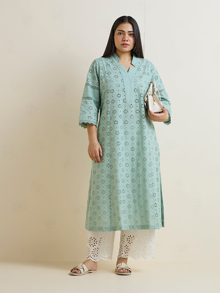 Diza Sea Green Schiffli Embroidered A-Line Kurta