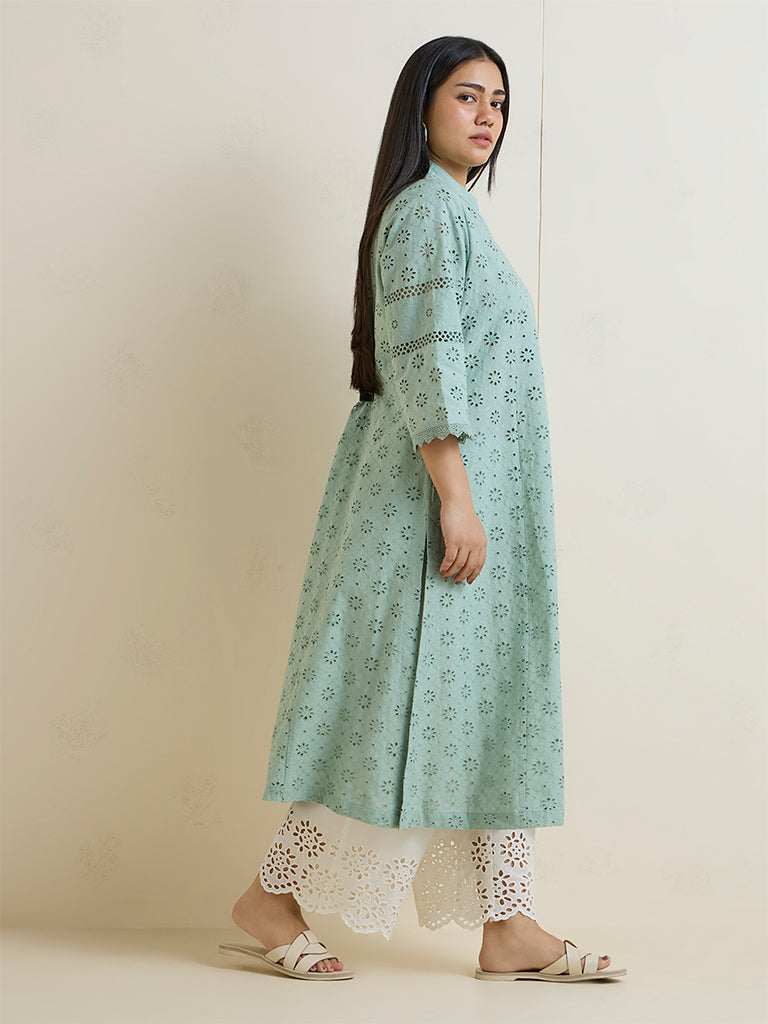 Diza Sea Green Schiffli Embroidered A-Line Kurta