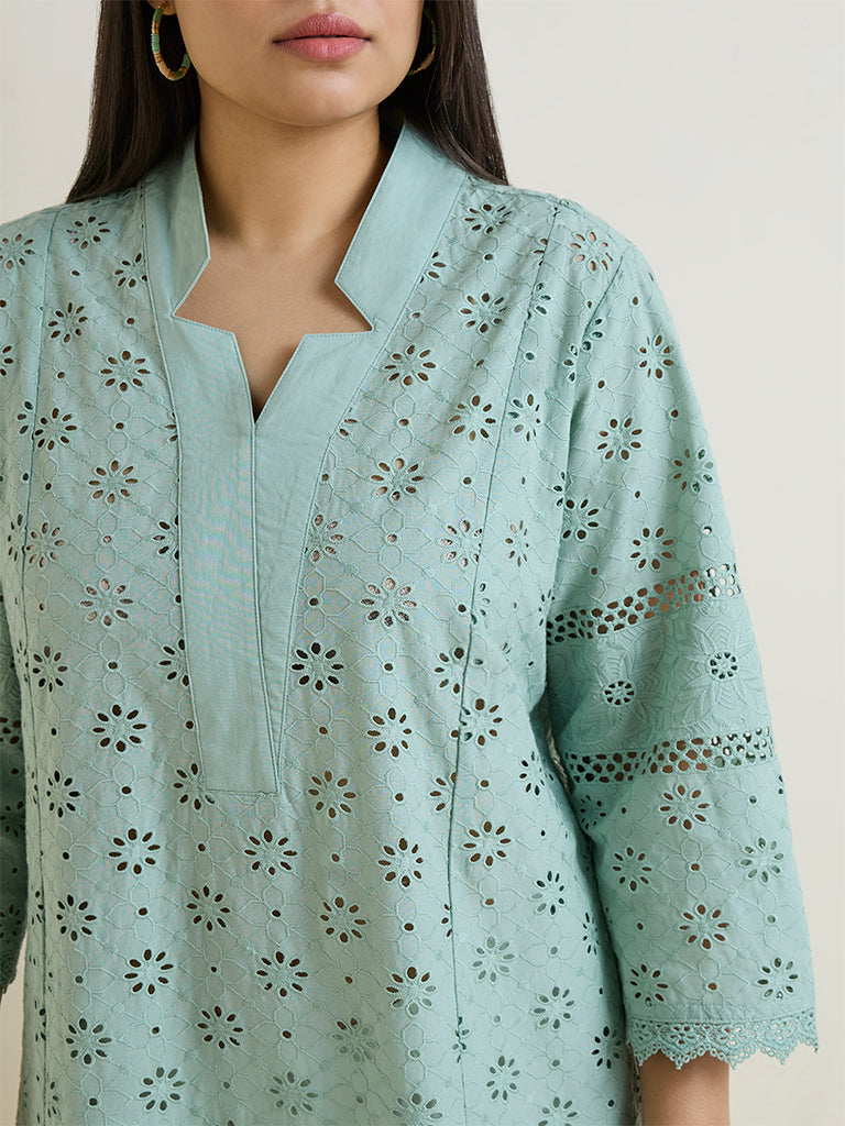 Diza Sea Green Schiffli Embroidered A-Line Kurta