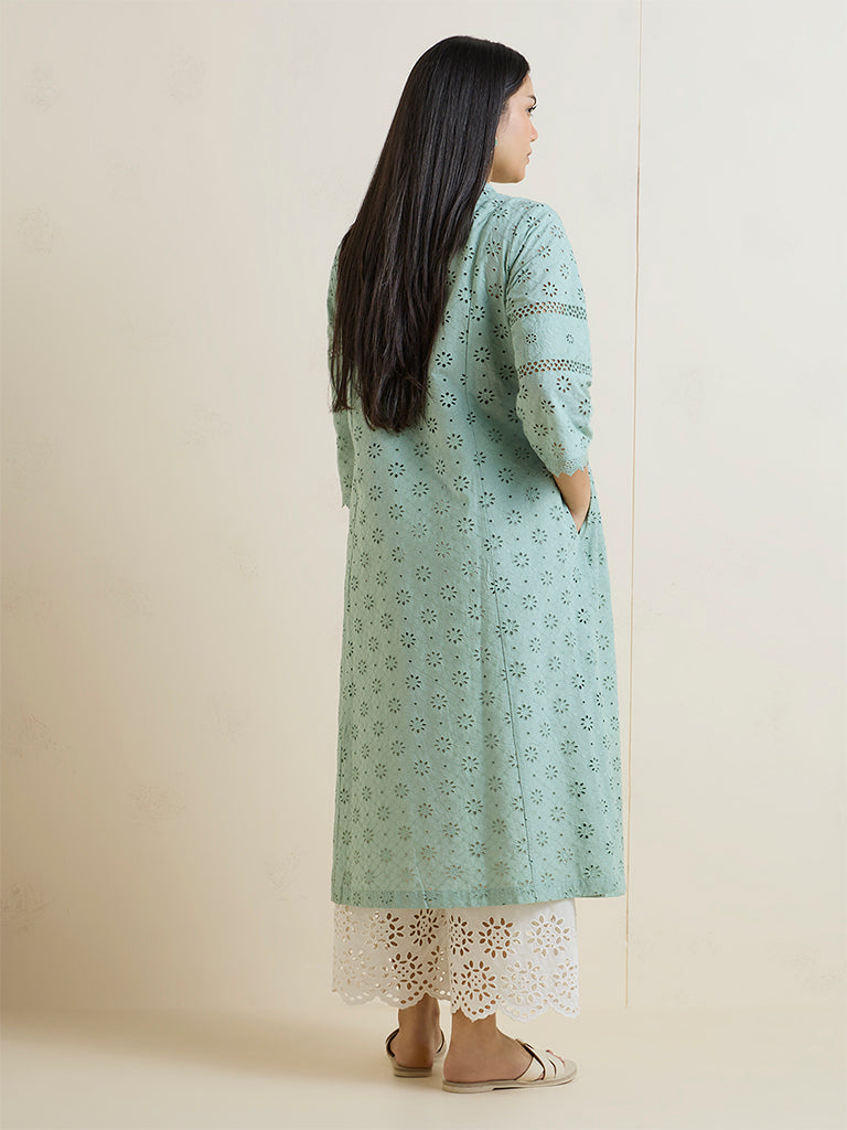 Diza Sea Green Schiffli Embroidered A-Line Kurta