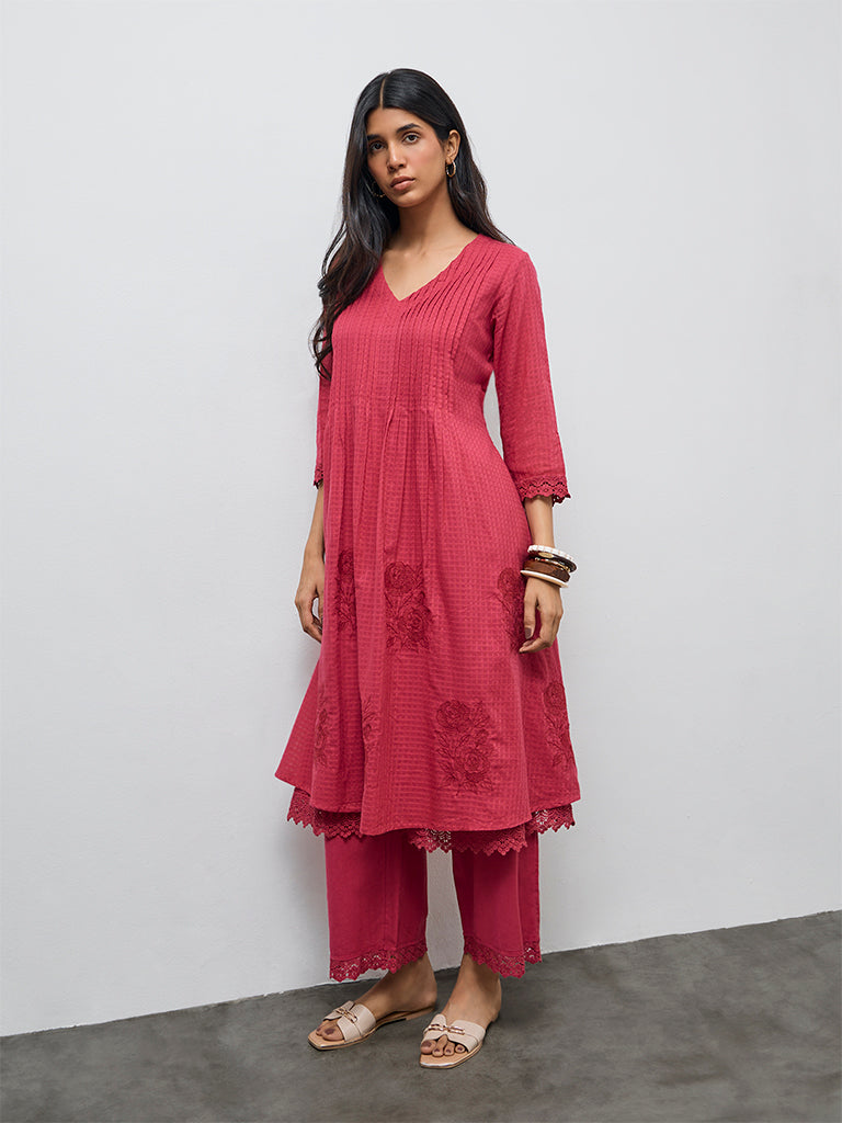 Utsa Fuchsia Floral Embroidered Cotton-Blend A-Line Kurta