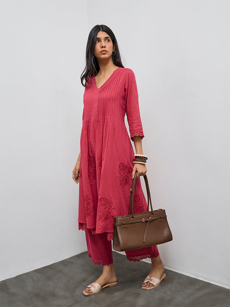 Utsa Fuchsia Floral Embroidered Cotton-Blend A-Line Kurta