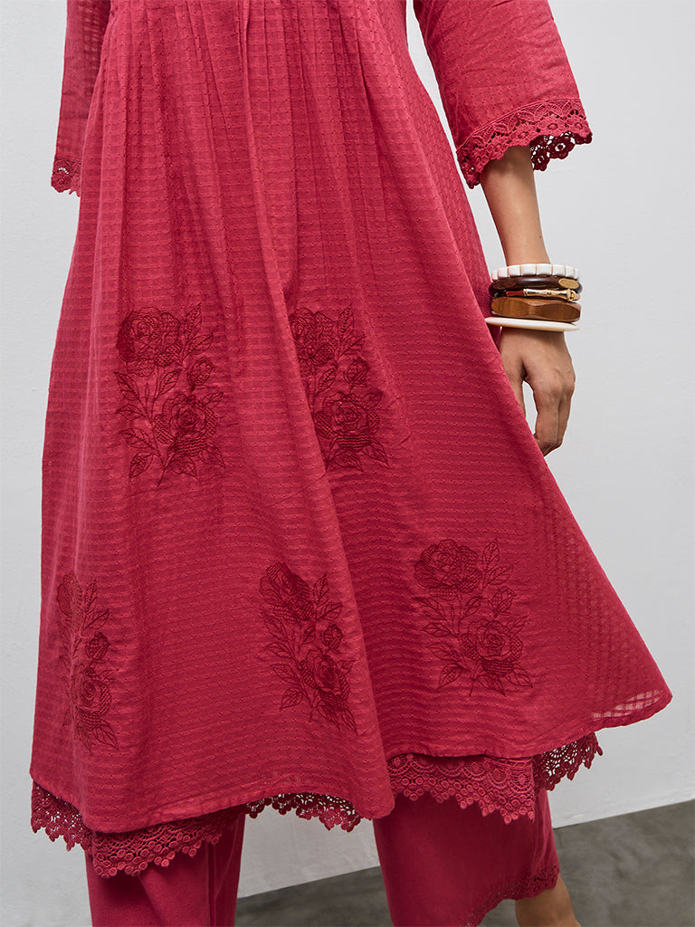 Utsa Fuchsia Floral Embroidered Cotton-Blend A-Line Kurta