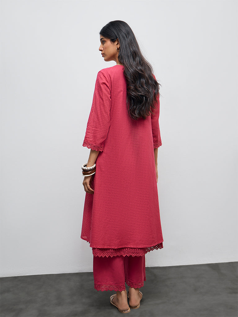Utsa Fuchsia Floral Embroidered Cotton-Blend A-Line Kurta