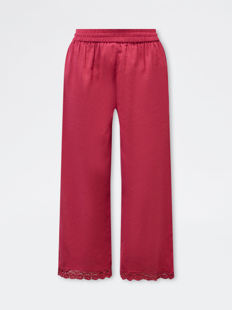 Utsa Fuchsia Lace Detailed Cotton-Blend Pants