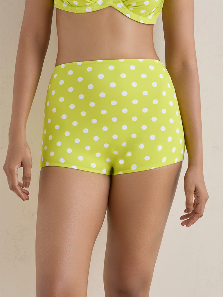 Wunderlove Swimwear Lime Polka Dot Printed High-Waist Briefs