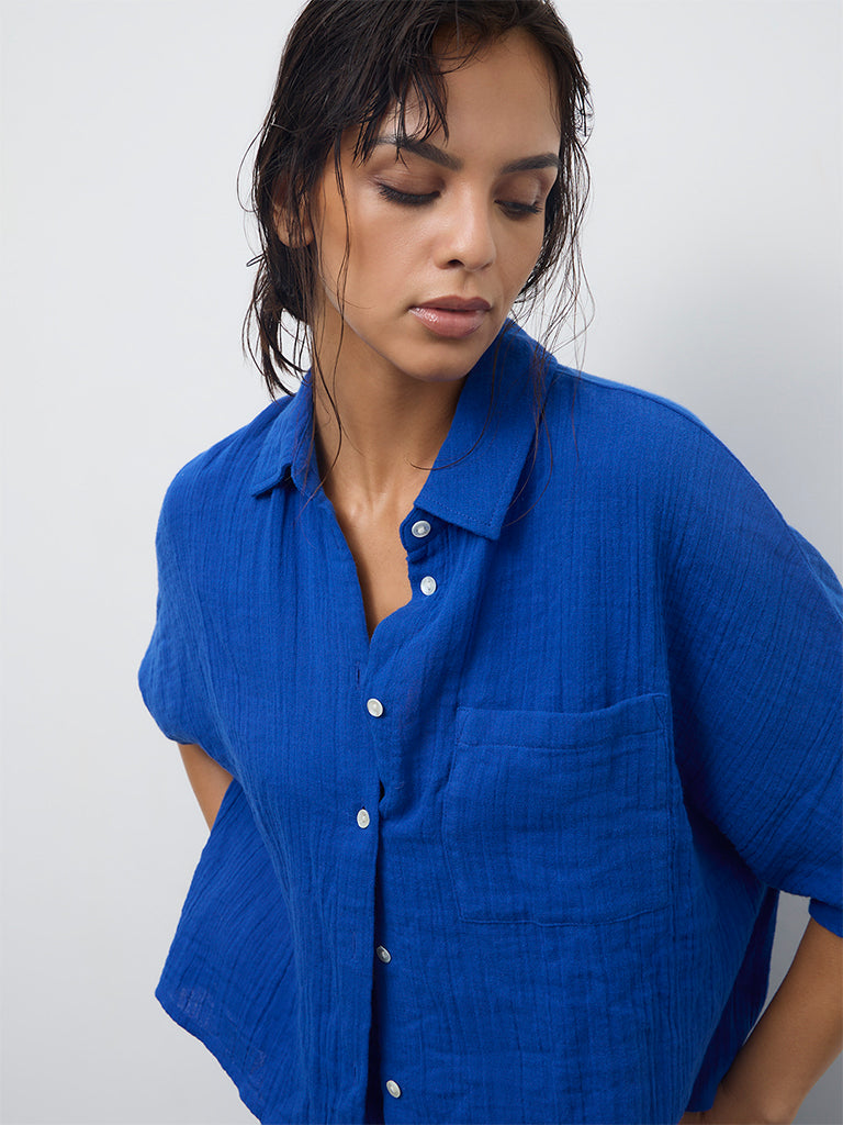 Wunderlove Blue Crinkle-Textured Cotton Beach Shirt