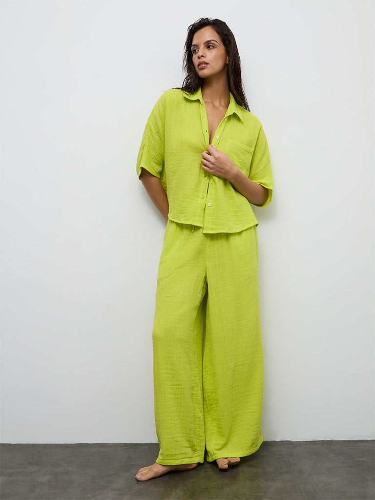 Wunderlove Lime Crinkle-Textured Cotton Beach Shirt