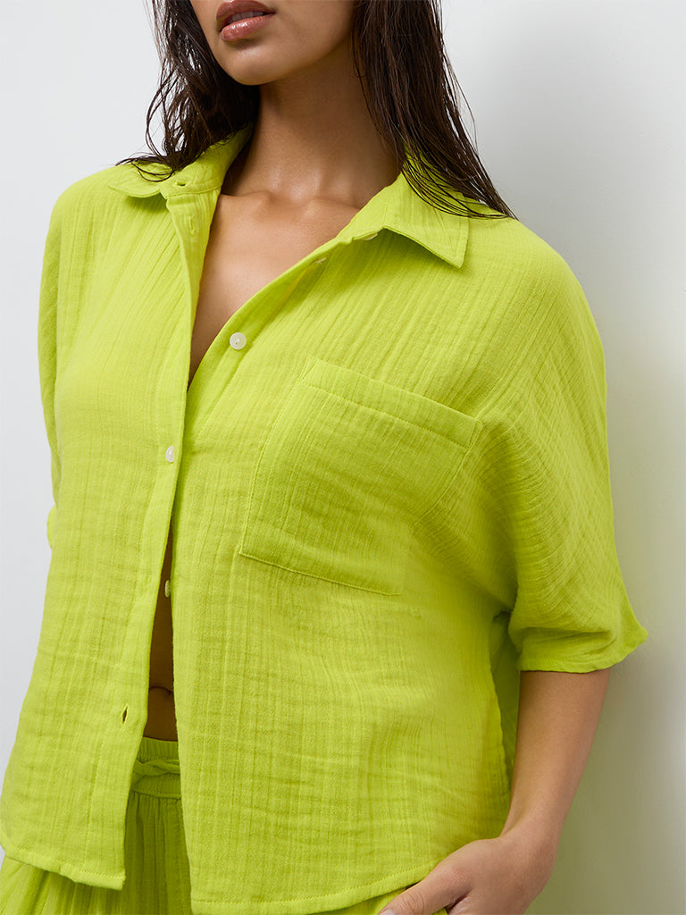 Wunderlove Lime Crinkle-Textured Cotton Beach Shirt