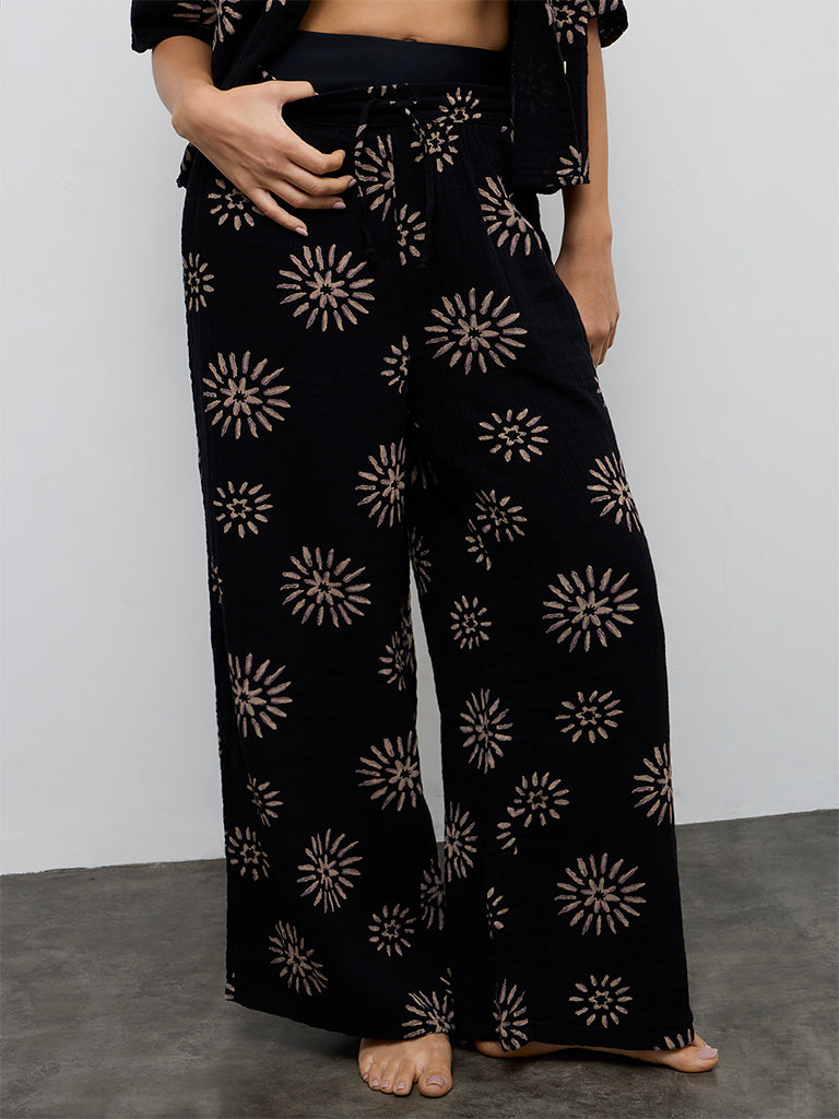 Wunderlove Black Printed Crinkle-Textured High-Rise Cotton Beach Pants