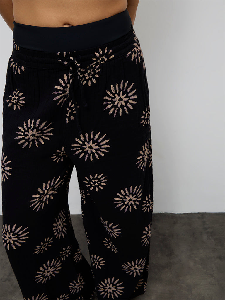 Wunderlove Black Printed Crinkle-Textured High-Rise Cotton Beach Pants