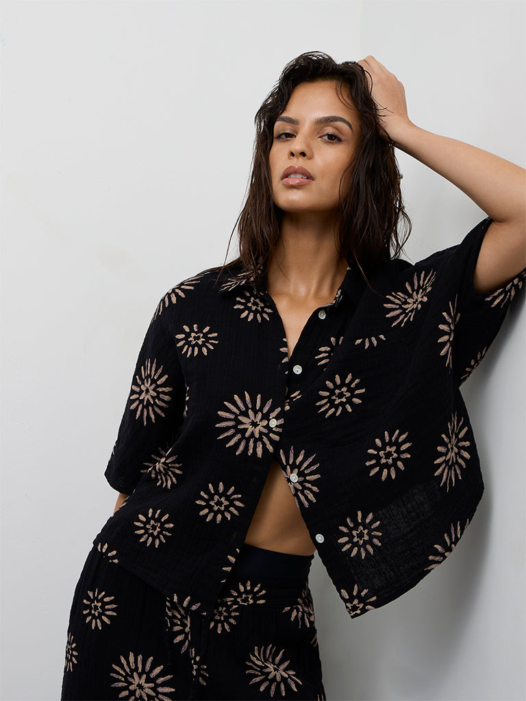 Wunderlove Black Printed Crinkle-Textured Cotton Beach Shirt