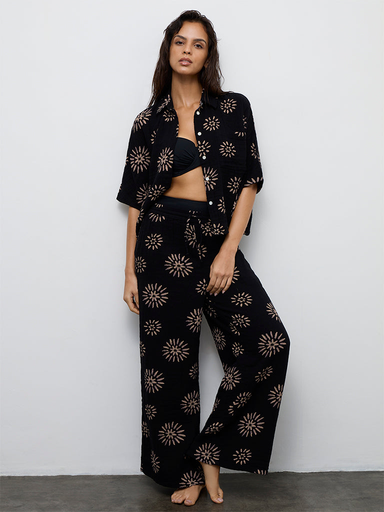 Wunderlove Black Printed Crinkle-Textured Cotton Beach Shirt