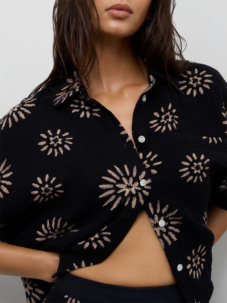 Wunderlove Black Printed Crinkle-Textured Cotton Beach Shirt