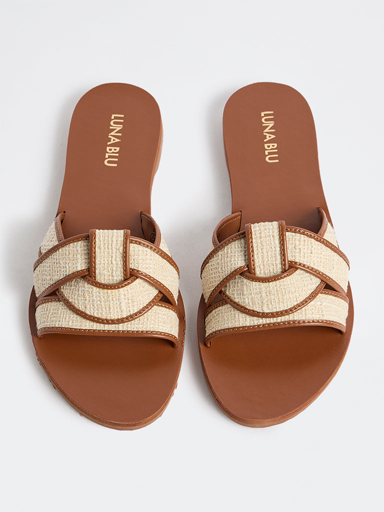 LUNA BLU Brown Raffia-Textured Slides