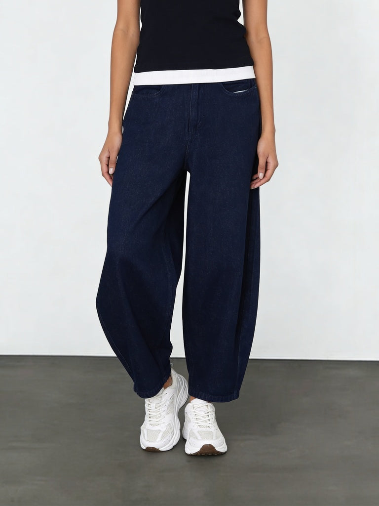 Wardrobe Indigo Solid Mid-Rise Barrel Fit Denim Trousers